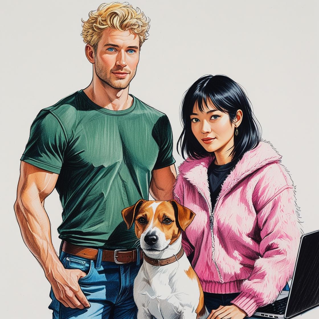 sketch of a caucasian man with blonde hair, beside an asian womain with black hair. A dog sits between them beside a laptop